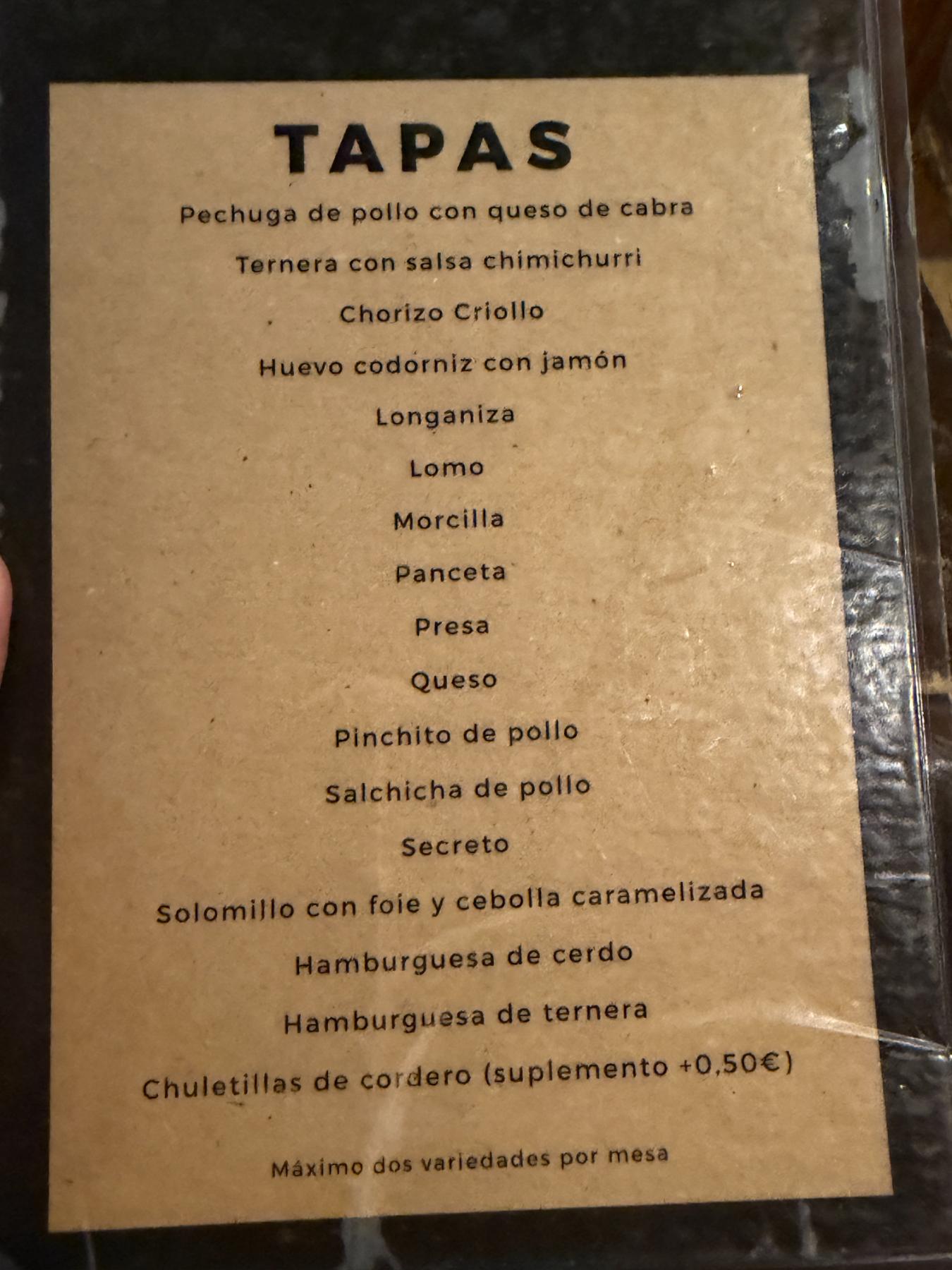 Carta de tapas de Taberna Tita Paca — menú impreso en papel kraft